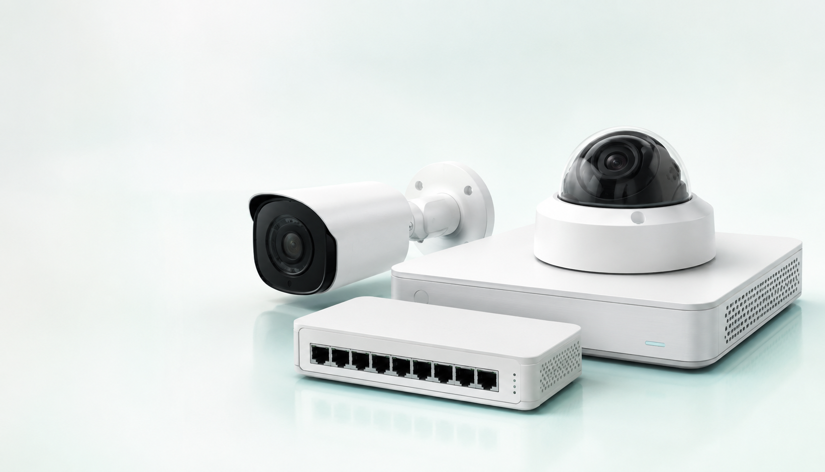 IP-камера и оборудование видеонаблюдения на фирменной подложке
